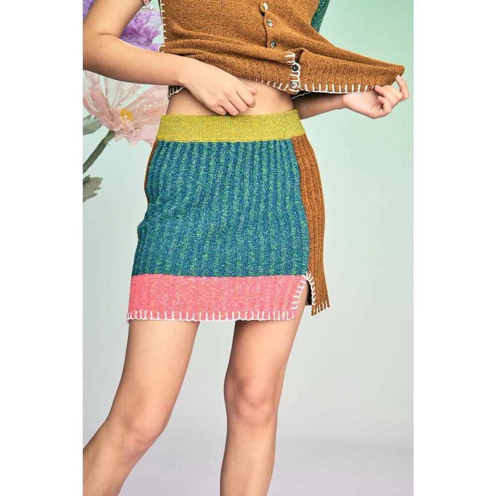 Yan Yan Knits Tweedle Mini Skirt Size Large Multicolor Chunky Knit Pull On EUC